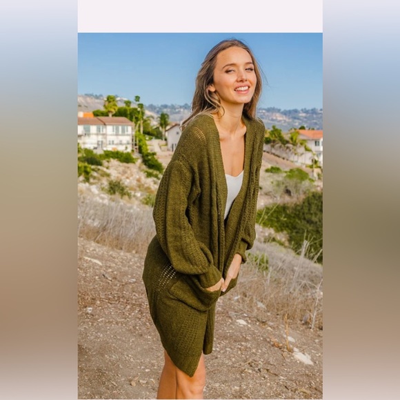 BIBI TWIST KNITTED OPEN FRONT CARDIGAN WITH POCKETS - Size Small, Green - Picture 3 of 6